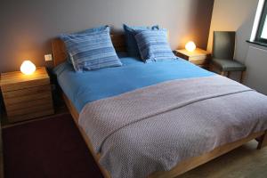 布鲁塞尔乐维尔吉尔住宿加早餐酒店的一间卧室配有一张大床,提供蓝色的床单和枕头