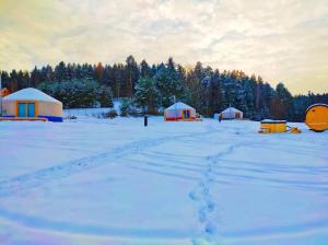 WolanyGlamping Niebiańska Osada Jurty Dolnośląskie & SPA的雪地,雪地里有圆顶和脚印