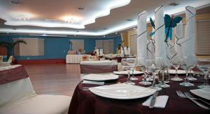 弗朗西斯科德奥雷利亚纳港Hotel El Auca的一张桌子,上面放有酒杯和餐巾