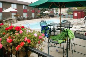 拉皮德城麓山酒店的游泳池旁带桌椅和鲜花的庭院