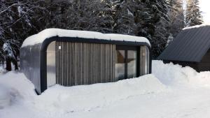 什平德莱鲁夫姆林Mountain Cabin by the river - Base Camp Medvědín的一座被雪覆盖在院子里的建筑