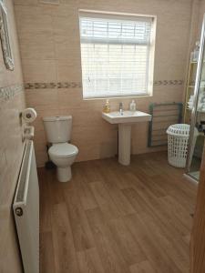 伯明翰Birmingham Bungalow Serviced Apartment NEC Airport Bullring的一间带卫生间、水槽和窗户的浴室