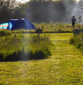 ColkirkThe Oaks Tent Pitches with no accommodation supplied and you must bring your own tent的站在田野帐篷旁的人