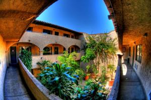 提华纳扎哈格扎别墅酒店的享有带植物庭院的建筑景致