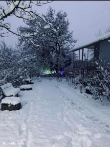 库塔伊西Villa Kursebi的一座建筑物前的积雪堆积的院子