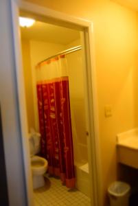 帕拉特卡水晶湾滨河度假村 的浴室设有卫生间和红色的淋浴帘