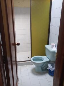 阿西斯港Hostal SAN JOSE PLAZA - TAYRONA 1的浴室配有蓝色卫生间和淋浴。