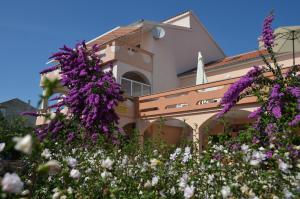 诺瓦利娅Apartments Jadranka的一座在前面布满紫色花的建筑