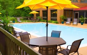 威廉斯堡威廉斯堡布希花园区温德姆酒店&度假村的游泳池旁带遮阳伞的桌子