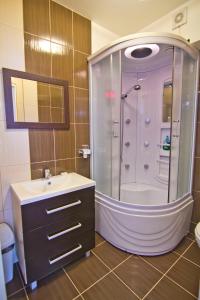 彼得罗沙尼Hotel Oxigen Petrosani的带淋浴和盥洗盆的浴室