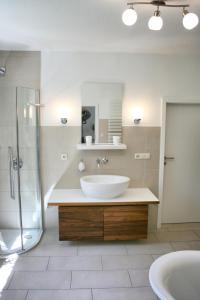 DrewitzFerienhaus Drewitz (EOC-FUP 07/2017)的白色的浴室设有水槽和淋浴。