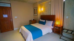 圣胡安PR梦想旅馆的一间卧室配有一张带蓝白色毯子的床