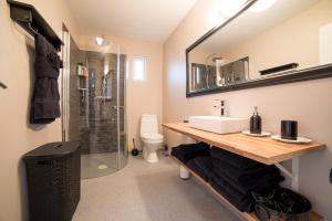 Hraunmörk冰岛度假屋的一间带水槽和淋浴的浴室