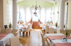 克拉科夫尤帕纳科吉托酒店的一间带桌椅和吊灯的餐厅