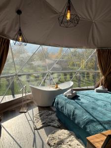 BălanGreen Garden Glamping Retezat的带浴缸、床和窗户的浴室