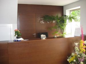库列拉娥乐小木屋度假酒店的办公室,设有前台,上面有植物