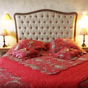 Ladoix Serrigny拉都瓦庄园酒店的一张带红色毯子的床和两个枕头