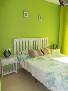 德尼亚Playa Sol Mediterranea的一间卧室配有一张带绿色墙壁的床