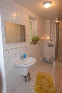 开姆尼茨Im Kuckucksnest的白色的浴室设有水槽和卫生间。