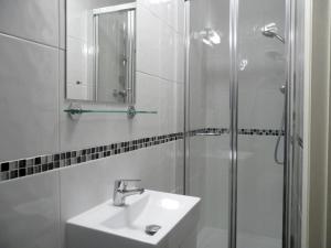 尚克林梅德汉斯德酒店的白色的浴室设有水槽和淋浴。