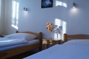 诺泰奇河畔纳克沃Zacisze的一间卧室设有两张床,一张桌子上放着花瓶