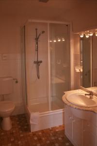 霍瓦赫特霍赫瓦赫特霍夫旅馆的带淋浴、卫生间和盥洗盆的浴室