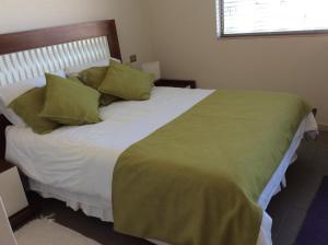 维纳德马Reñaca Park Apartment的一间卧室配有一张带绿色枕头的大床