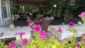 圣彼得罗-泰尔梅堡帕克酒店的餐厅前方的粉红色花桌