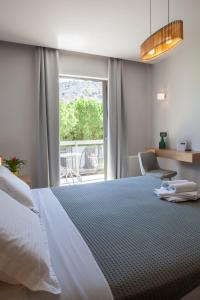 纳夫普利翁阿尼莫斯客房和公寓旅馆的一间卧室设有一张大床和一个窗户。