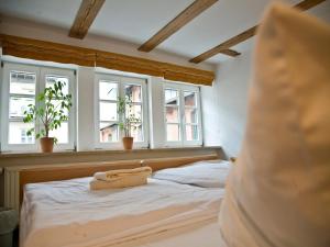 什未林施罗斯酒店的一间卧室设有三扇窗户和一张床