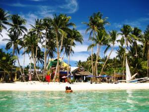 长滩岛阿奎瑞斯滨海精品酒店的棕榈树海滩上的人