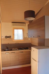 Montlaur勒阿穆德格内度假酒店的厨房配有木制橱柜和白色冰箱。