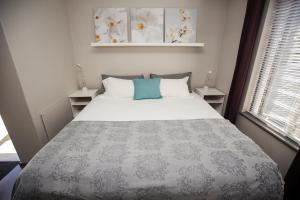 豪特湾Chapman's Peak Bed and Breakfast的一间卧室配有一张带蓝色枕头的大床