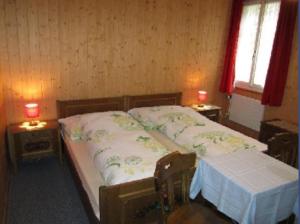 塞利斯贝格蒙塔纳酒店的一间卧室配有一张带两张桌子和两个窗户的床。