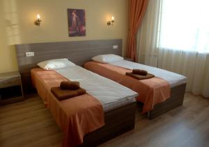 普斯科夫卡梅罗公寓式酒店的两张位于酒店客房的床,配有毛巾