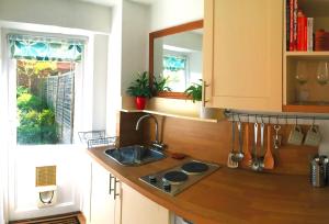 马洛花园住宿加早餐旅馆的带水槽的厨房台面和窗户