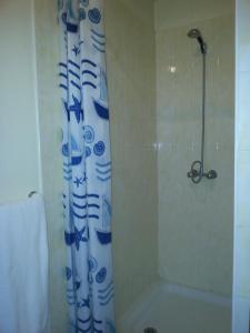 巴黎巴黎巴士底圣安东尼酒店的浴室设有蓝色和白色的淋浴帘