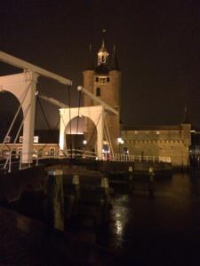 济里克泽De Oude Haven的一座在晚上设有钟楼的大型建筑