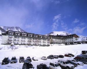 小谷村白马阿尔卑斯山酒店 的一座大建筑,里面装有汽车停在雪上