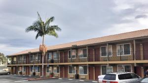 丘拉维斯塔圣地亚哥南湾戴斯酒店的停车场内棕榈树的建筑