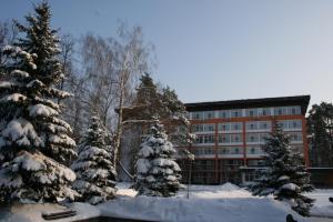 索洛恰Sanotoriy Solotcha的一群被雪覆盖的树木在建筑物前