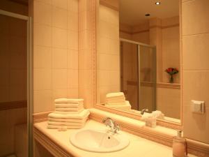 卡罗维发利Slunecni Lazne Apartments的浴室配有盥洗盆、镜子和毛巾