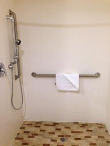 布拉特尔伯勒Comfort Inn & Suites Brattleboro I-91的一间带毛巾架和淋浴的浴室
