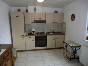 绍纳赫Landhaus Panoramablick的厨房配有米色橱柜和炉灶烤箱。