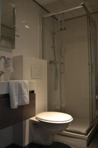 贝克贝亨费吕沃森林弗莱切酒店的一间带卫生间和玻璃淋浴间的浴室