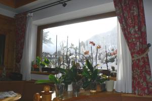 科涅索雷尔酒店的桌子上放着一束植物的窗户