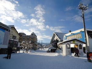 南鱼沼市新福田屋酒店的一座有建筑物的小镇上一条有雪覆盖的街道