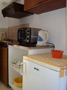 普拉坦斯Hotel Elida的厨房配有冰箱上方的微波炉