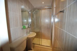 兰迪德诺海岬酒店的带淋浴、卫生间和盥洗盆的浴室