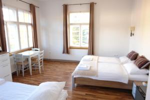 卢布尔雅那卡特卡酒店的客房设有两张床、一张桌子和一张书桌。